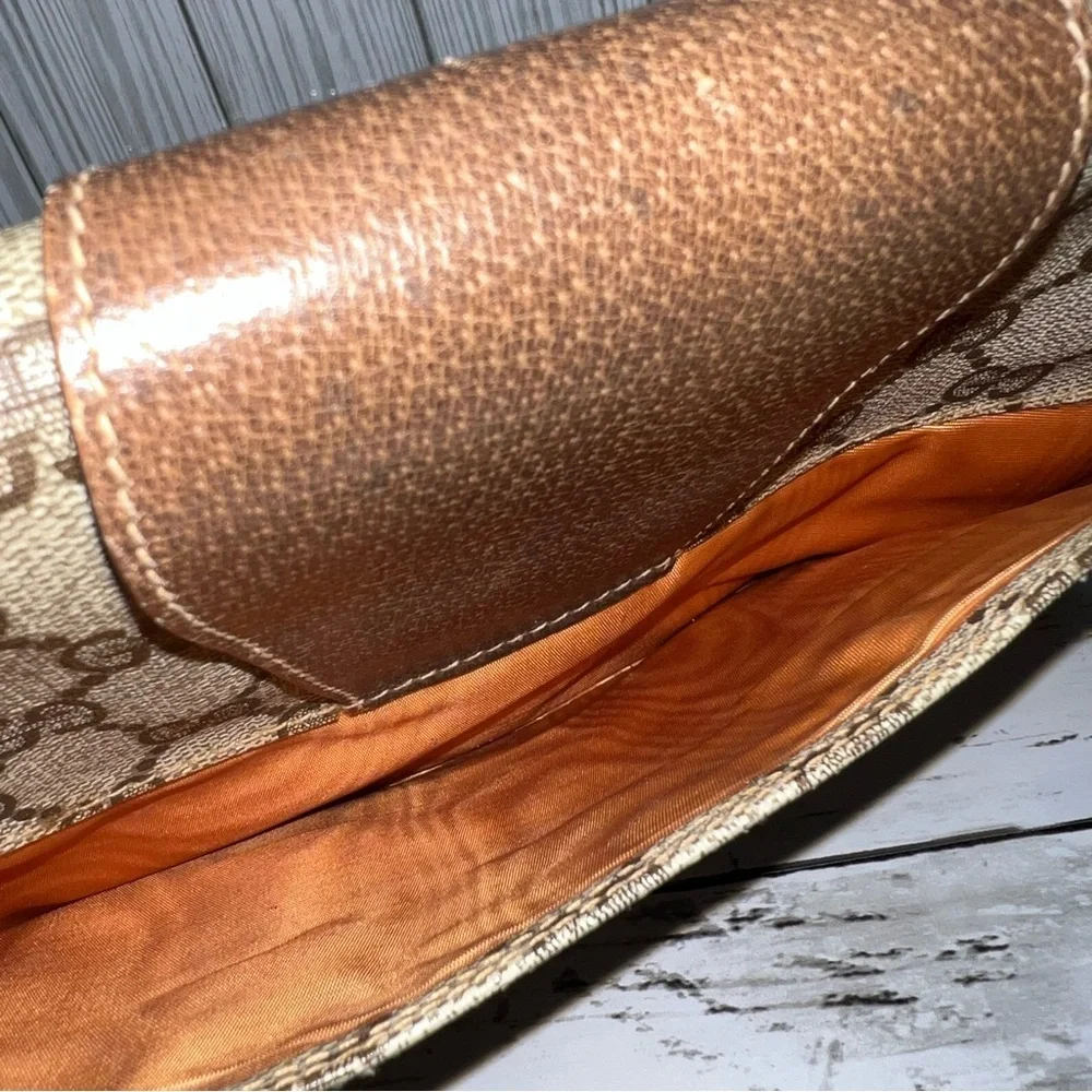 Gucci Vintage GG Monogram Canvas Crossbody Clutch Bag Brown Leather Trim - Picture 11 of 16